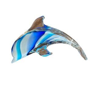 Art Glass Hand Blow Paperweight Decor Dolphin Blue White Teal 6"